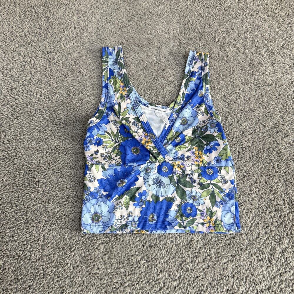 Caution To The Wind Tank Top Womens Girls Blue Floral V Neck Cropped Ribbed